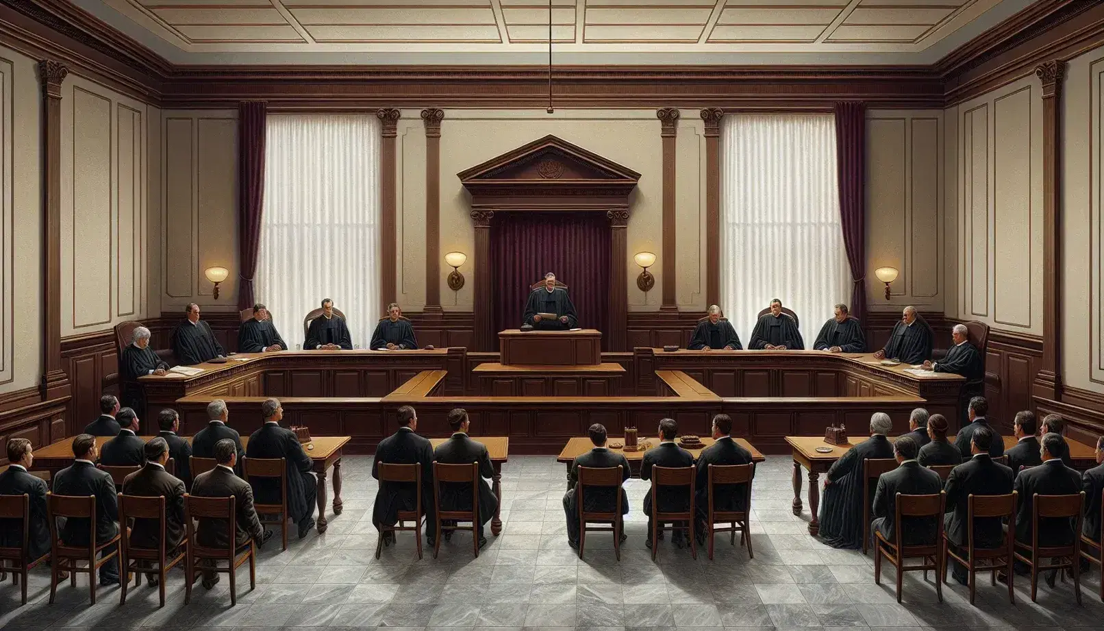 Escena de sala de juicio con tres jueces en togas negras detrás de una mesa larga y dos abogados enfrentados en mesas menores, iluminada por luz natural y artificial.