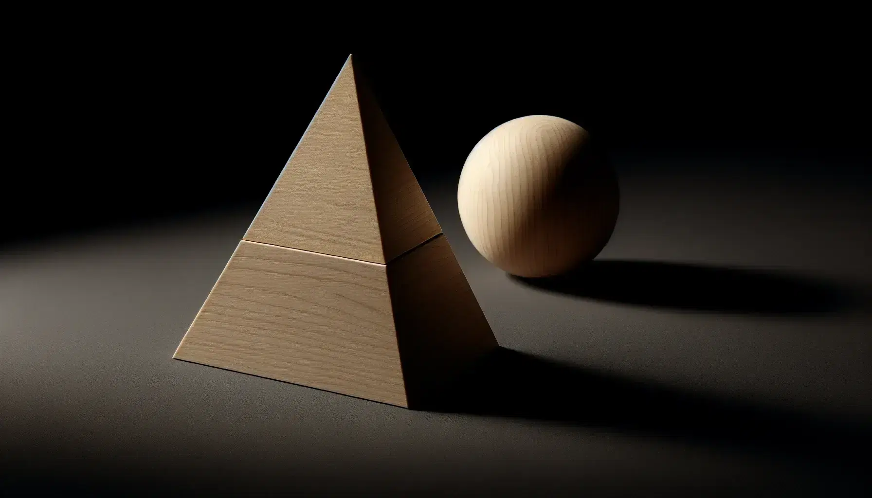 Set of wooden geometric shapes on black surface, featuring an upright right-angled triangle, a polished sphere, a vertical cylinder, and a cube with varied lighting.