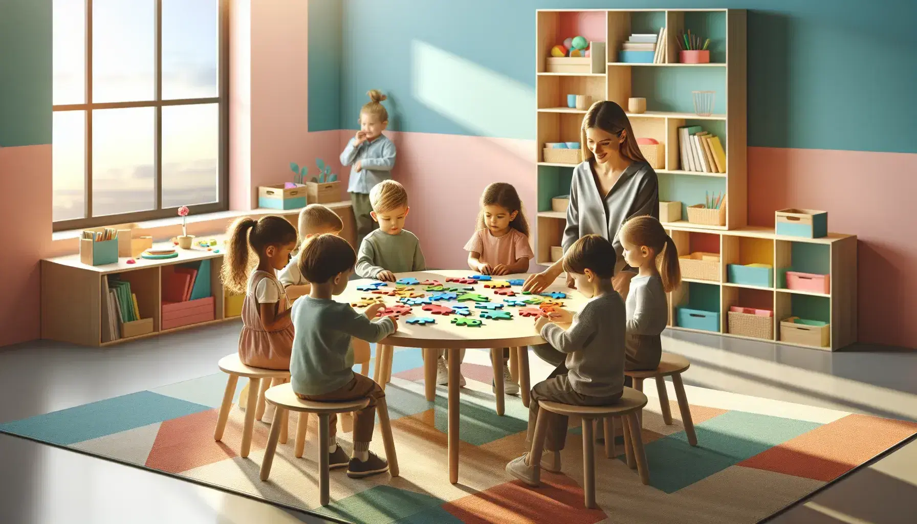 Niños concentrados armando rompecabezas de colores en mesa redonda de aula luminosa, con maestro sonriente al fondo y estantería con juguetes educativos.
