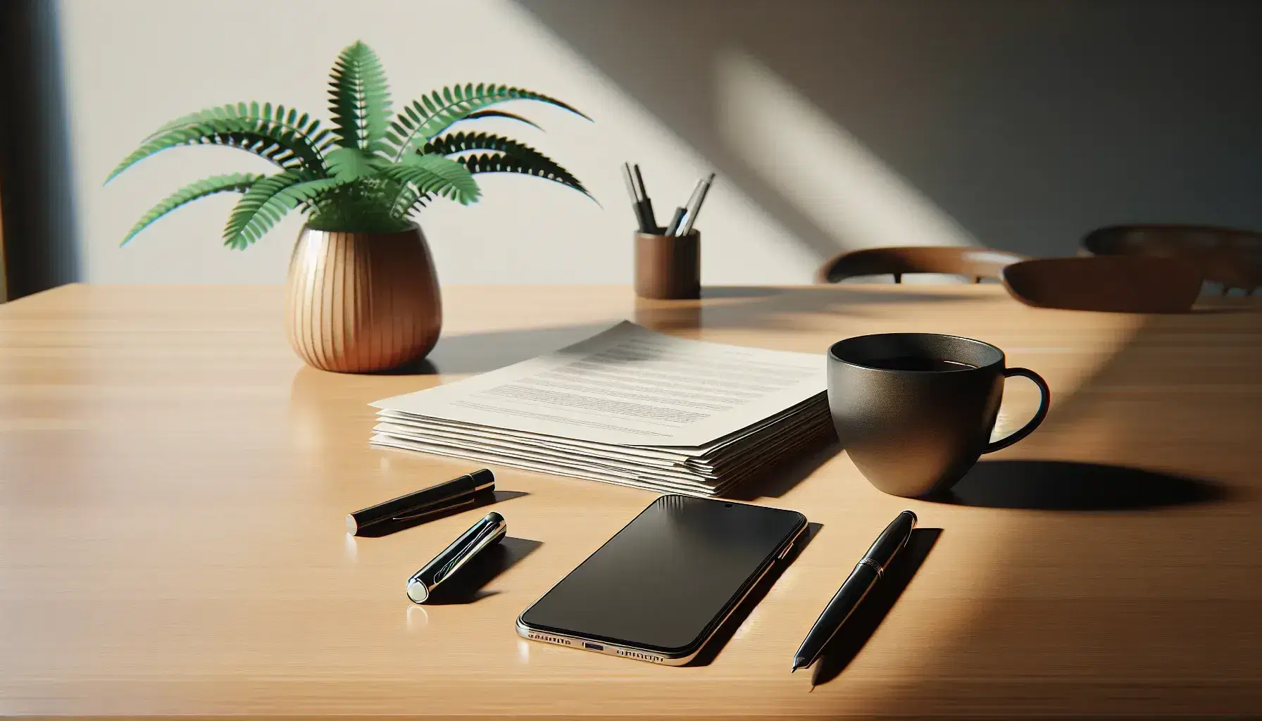 Escritorio de madera clara con papeles, pluma fuente metálica, smartphone negro, taza de café y planta verde en maceta terracota.
