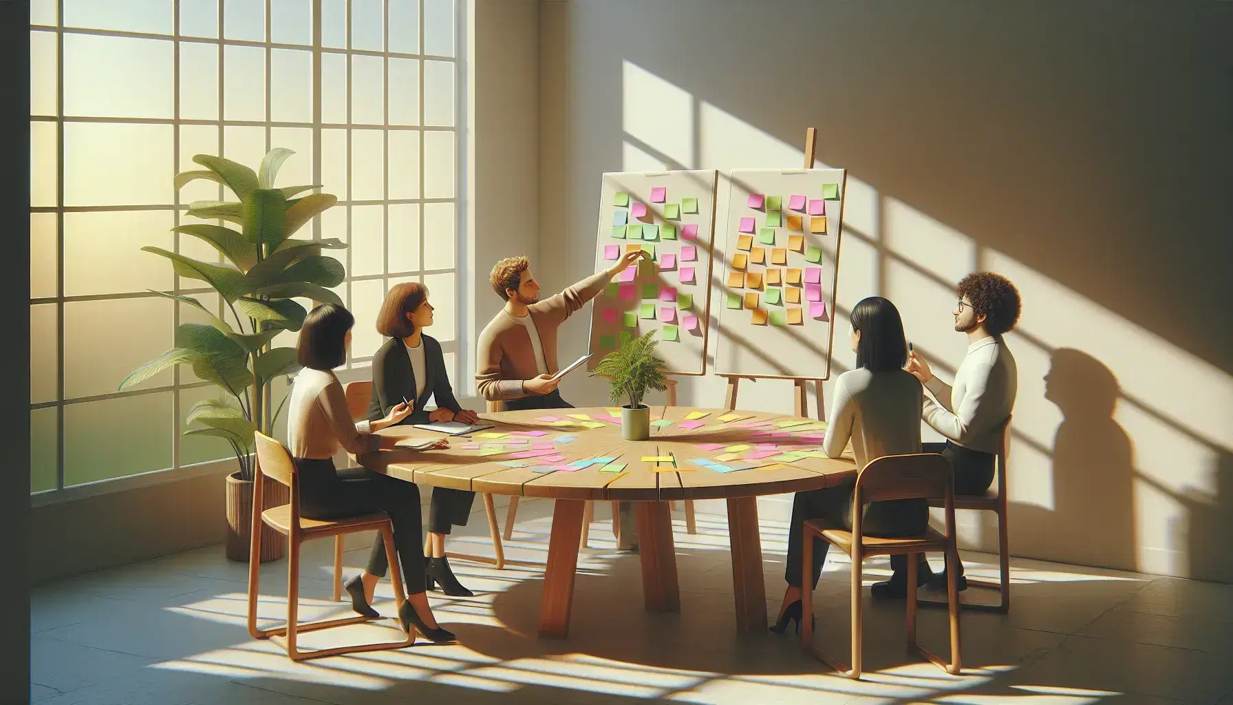 Four professionals meeting around a round table with colorful post-it notes, discussing and collaborating in a bright room.