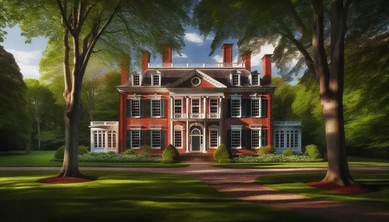 Red brick Georgian-style mansion with symmetrical white-trimmed windows, surrounded by lush greenery and a curving gravel pathway under a clear blue sky.