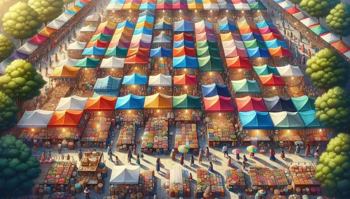 Vista aérea de mercado al aire libre con tiendas coloridas y gente comprando productos variados como frutas, verduras y artesanías en un día soleado.