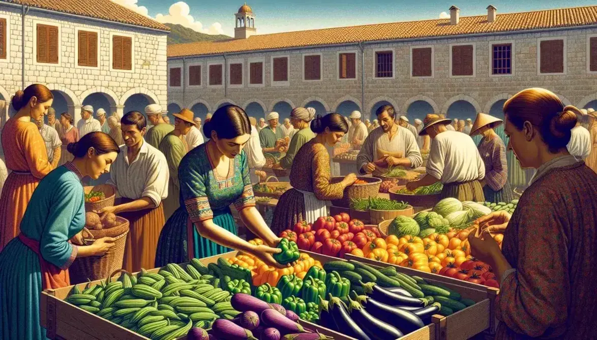 Diverse crowd shopping in a sunny outdoor market with fresh vegetables on display, traditional and modern attire, against a backdrop of European-style buildings.