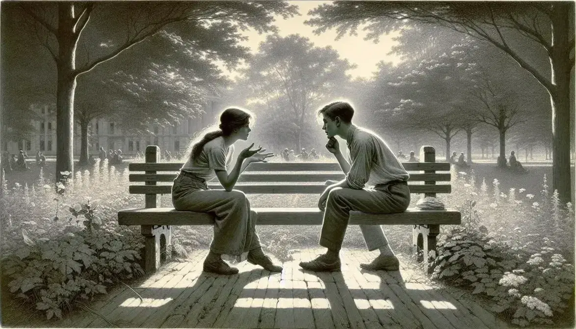 Dos personas conversando sentadas en un banco de madera en un parque soleado, rodeadas de árboles y flores, en un día despejado.