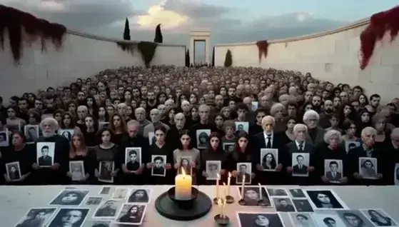 Gruppo di persone in cerimonia con foto in bianco e nero, espressioni serie, candela accesa in primo piano, sfondo di muro con piante.
