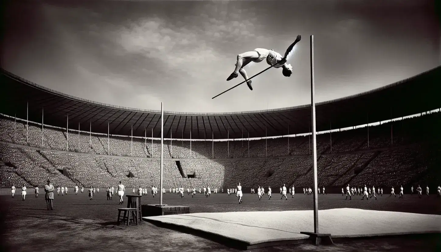 Atleta in uniforme bianca esegue salto in alto alle Olimpiadi di Berlino 1936, con spettatori sullo sfondo e cielo sereno.
