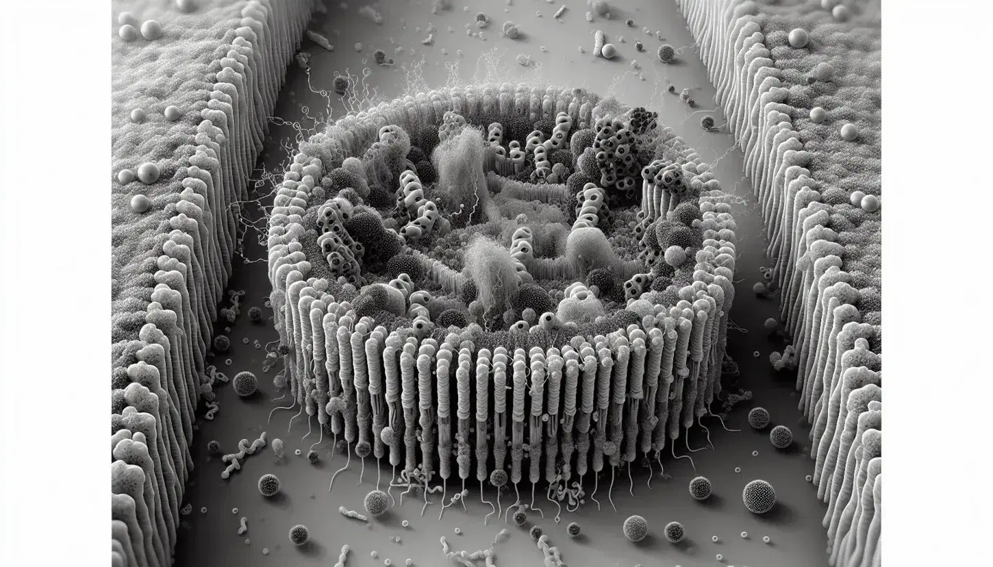 Vista microscópica de membrana celular con bicapa lipídica, proteínas integrales y periféricas, y moléculas de colesterol.