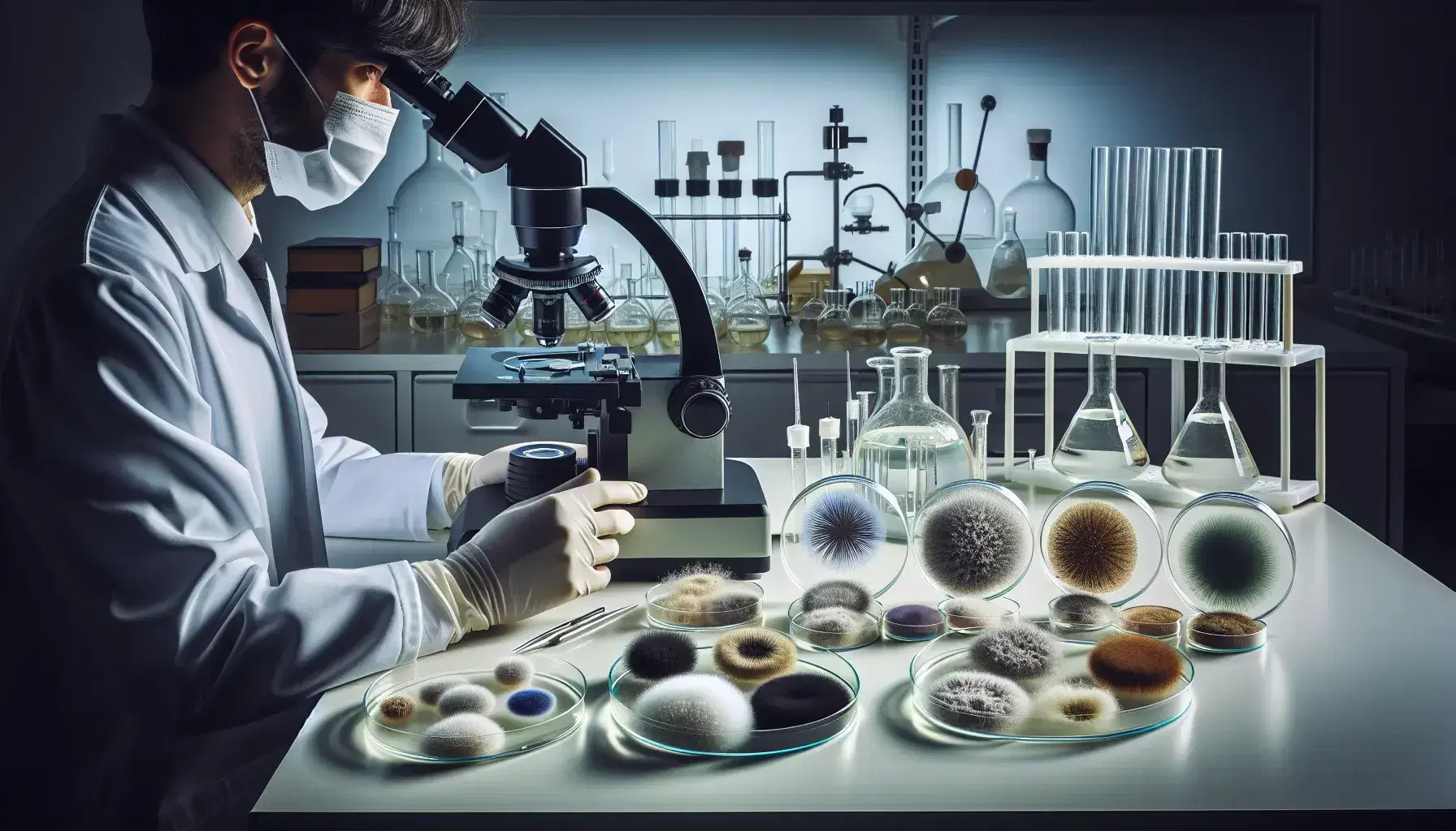 Laboratorio scientifico con microscopio ottico, piastre di Petri con colonie fungine colorate e strumentazione da laboratorio sullo sfondo.