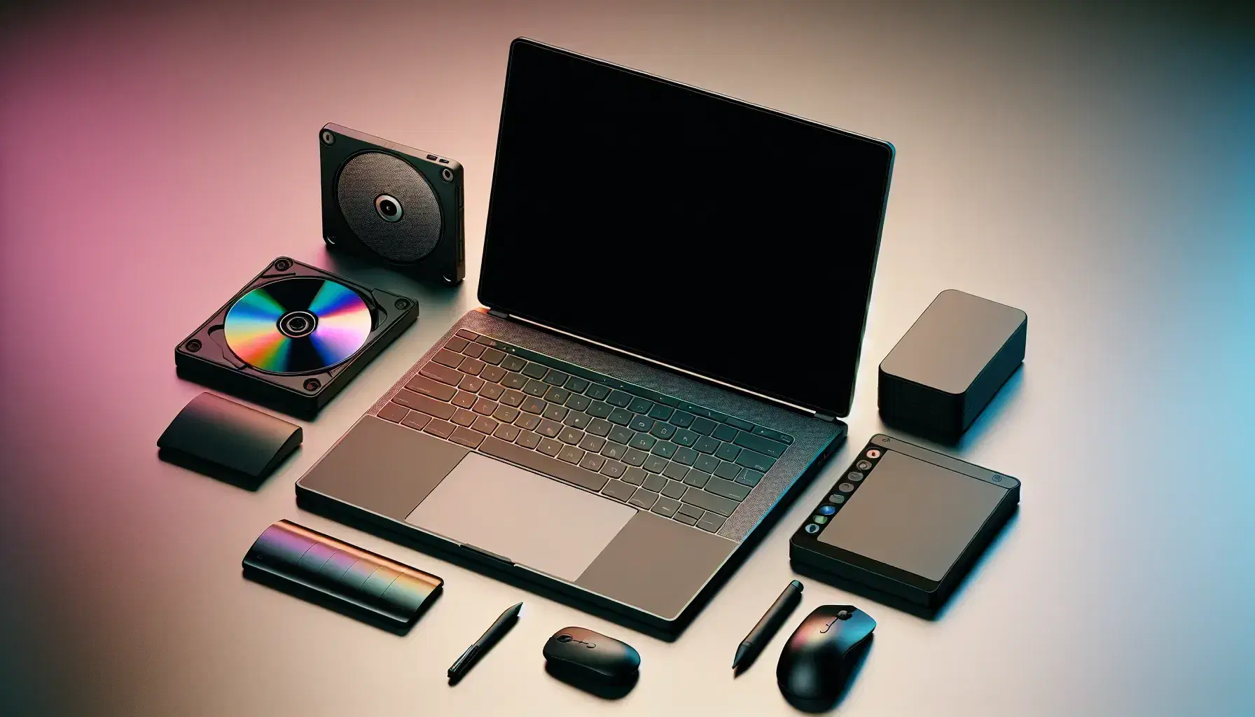 Espacio de trabajo tecnológico con portátil abierto, disco duro externo, ratón inalámbrico, tableta gráfica con stylus y CD-ROM reflectante sobre superficie plana.