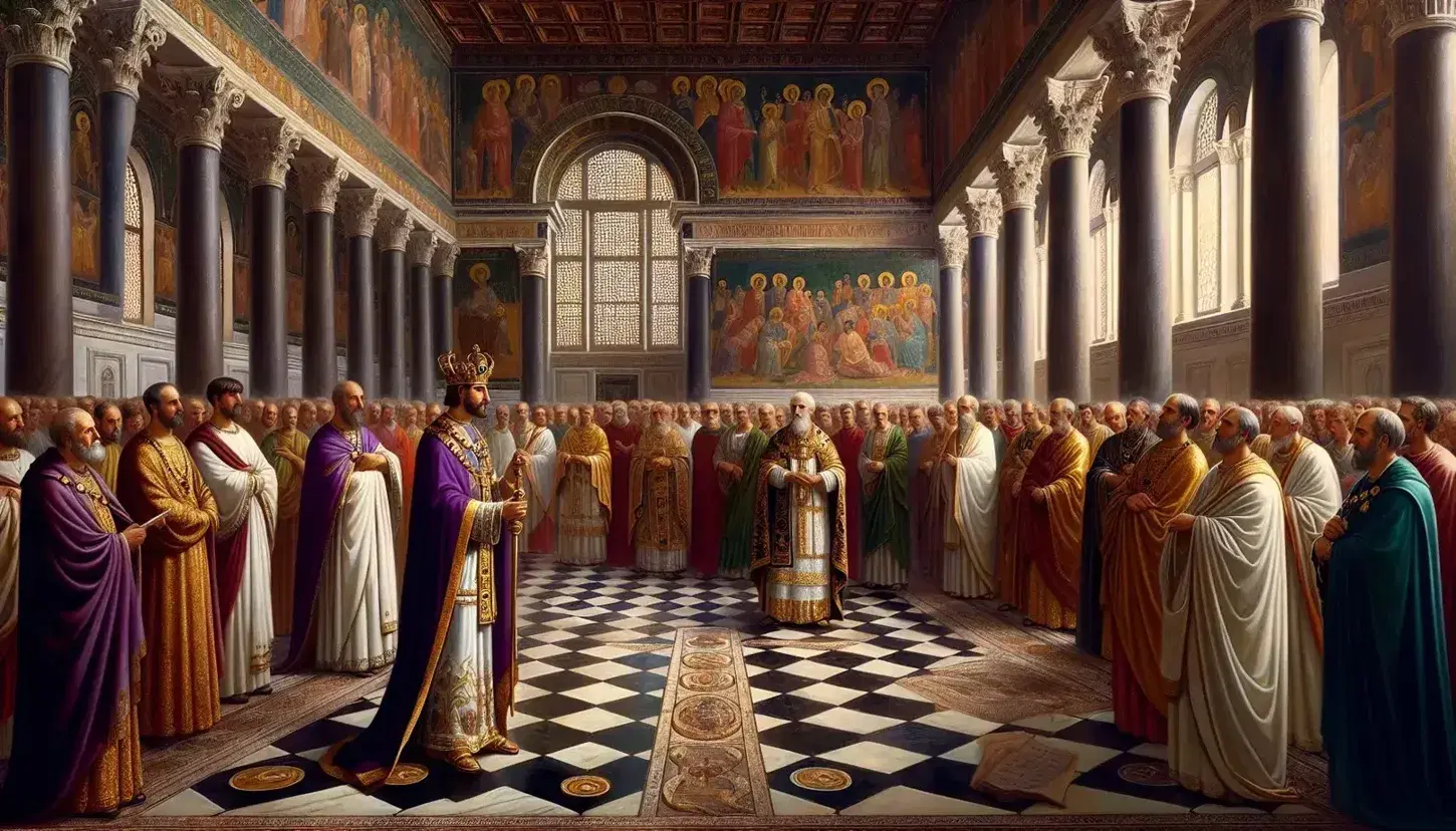 Imperatore Teodosio I in basilica cristiana con dignitari e Vescovo Ambrogio, dettagli architettonici e mosaici biblici sullo sfondo.