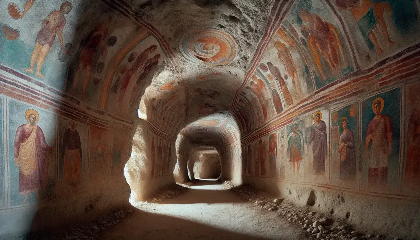Corridoio stretto di catacomba paleocristiana con pareti grigie, affreschi ben conservati raffiguranti figure umane e pavimento in terra battuta.