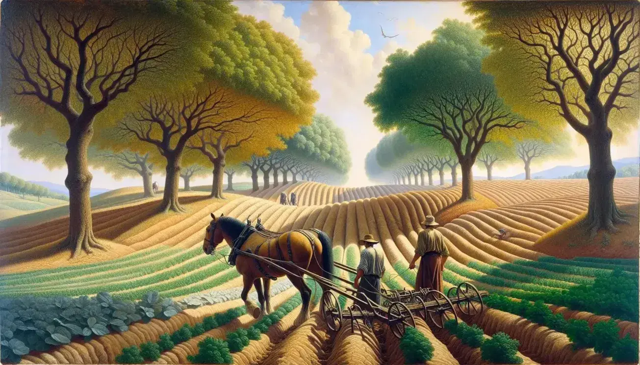 Dipinto olio su tela con scena campestre toscana, alberi frondosi, cielo azzurro con nuvole, contadino che ara con cavallo marrone.