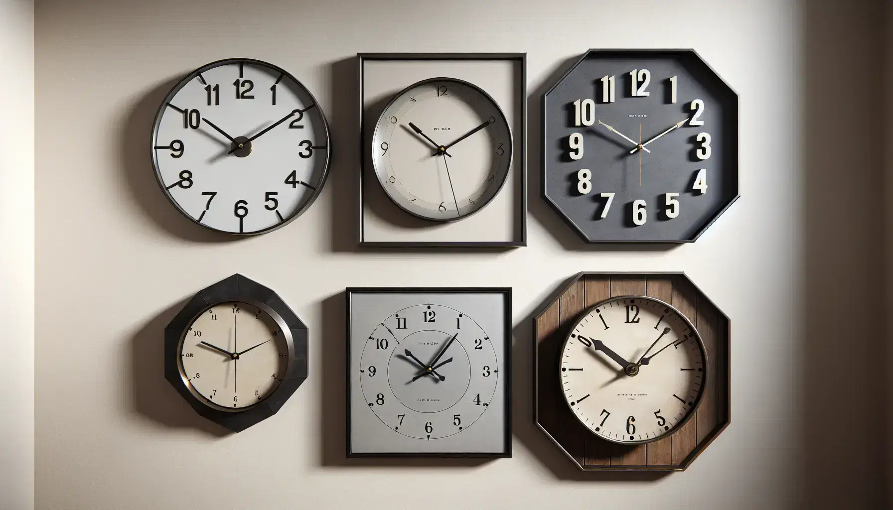 Conjunto de cuatro relojes de pared con diseños únicos sobre fondo beige, incluyendo marcos metálico, madera oscura, plástico negro y metal envejecido, mostrando distintas horas.