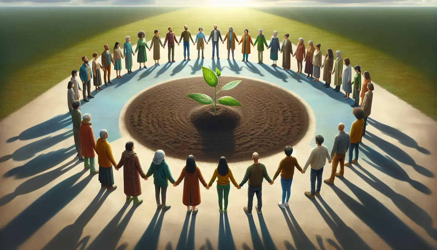 Grupo diverso de personas unidas en círculo alrededor de una planta joven bajo la luz del sol, simbolizando comunidad y cuidado ambiental.