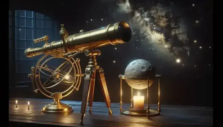 Telescopio antiguo de latón sobre trípode de madera apuntando al cielo nocturno estrellado con luna creciente y esfera armilar al lado iluminada por una vela.