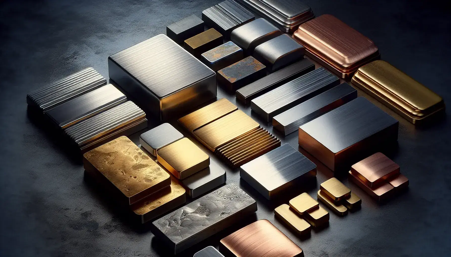 Sample of assorted metal alloys on dark surface, with polished stainless steel, gold brass, patinated bronze, gray duralumin and white pewter.