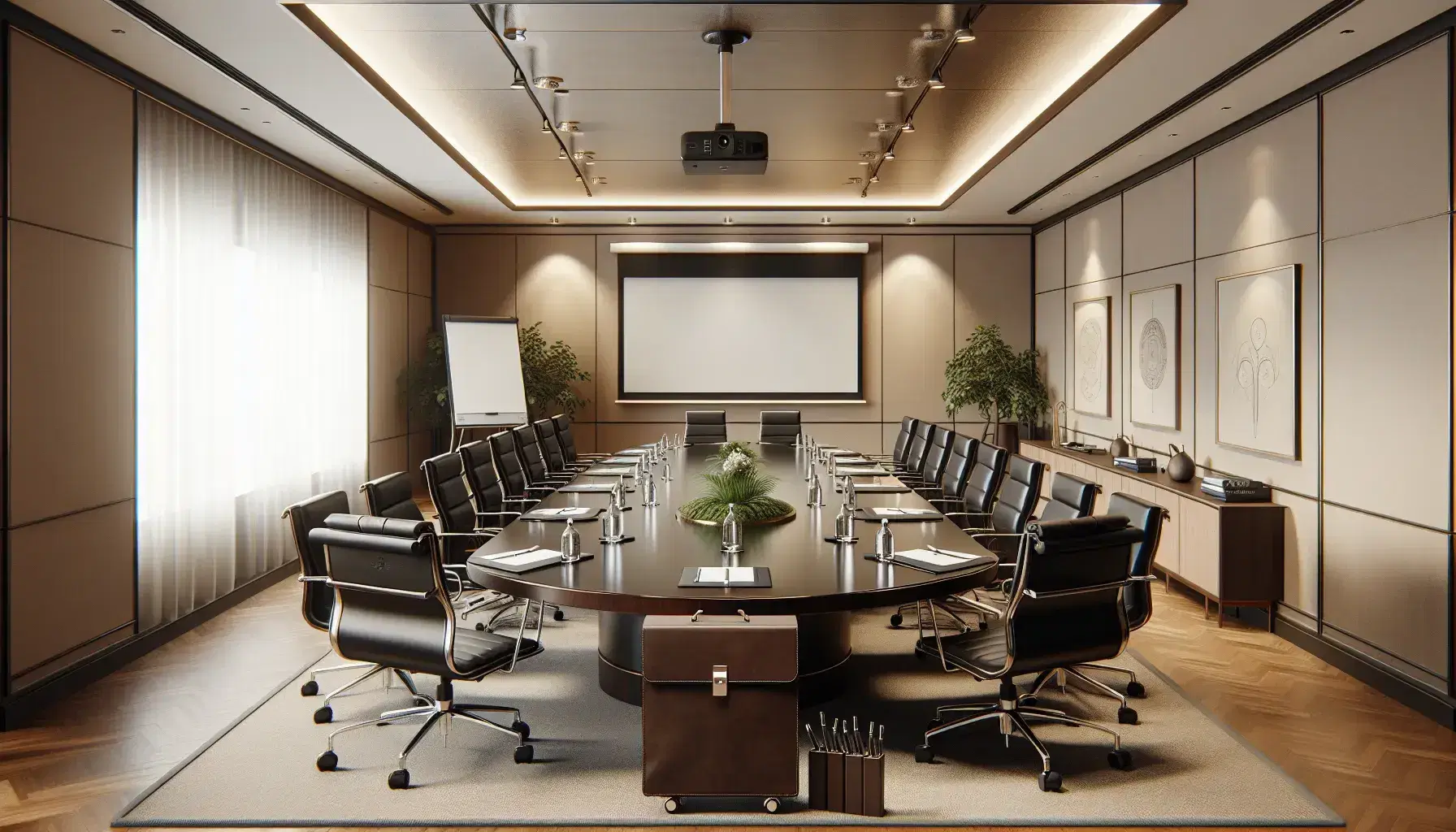 Sala de reuniones espaciosa con mesa ovalada de madera oscura, sillas de oficina negras, pizarrón blanco y proyector apagado, sin ventanas ni decoraciones.