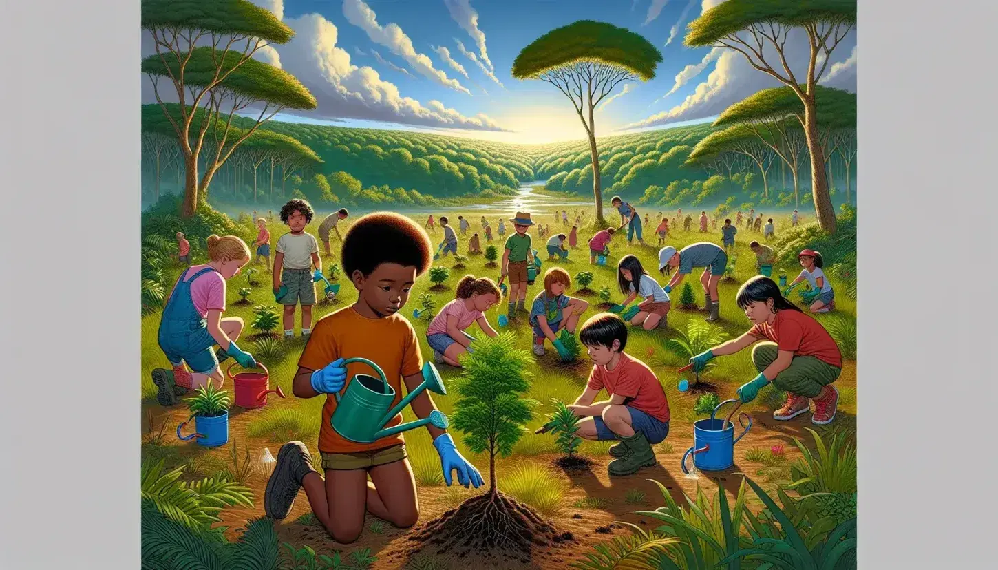 Bambini multietnici piantano alberelli su un prato, con attrezzi colorati, sotto un cielo azzurro, vicino a una foresta.