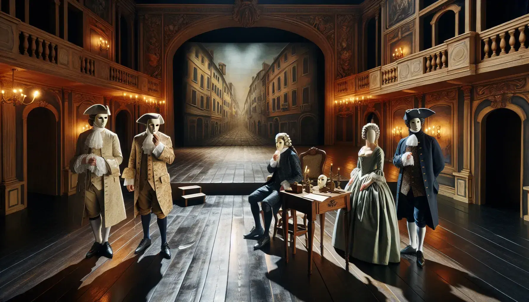 Attori in costume d'epoca su palcoscenico teatrale del XVIII secolo con scenografia urbana, dialogano vicino a un tavolo con copioni.