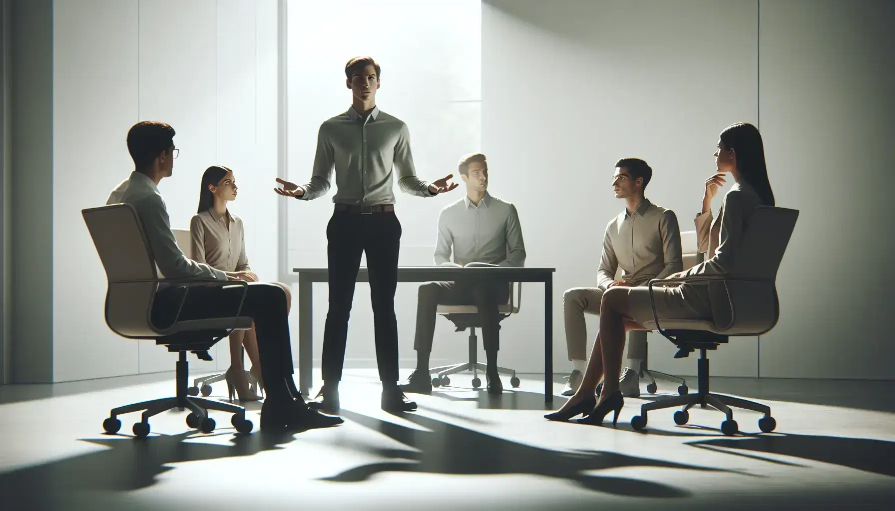 Grupo de cinco profesionales en reunión de oficina, con una persona de pie liderando y gestos explicativos, rodeada de colegas atentos sentados.