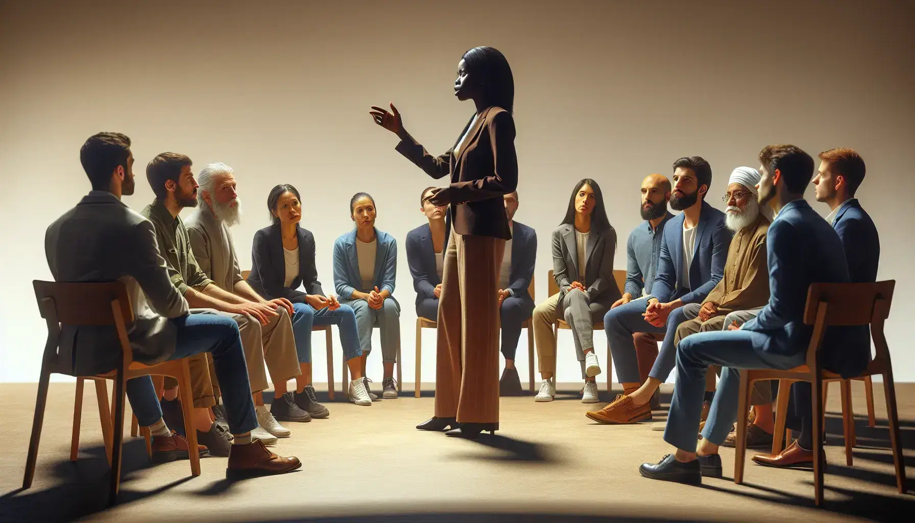 Multi-ethnic group sitting in semi-circle with standing African American woman gesturing, in meeting or debate context.