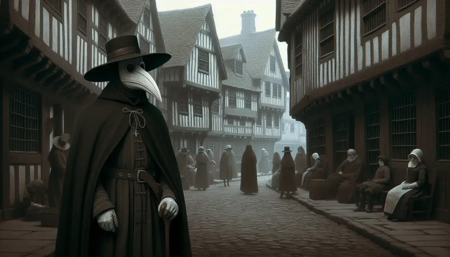 17th-century London street during the Great Plague with a prominent plague doctor in beaked mask, citizens in period attire, and a horse-drawn cart under a gloomy sky.