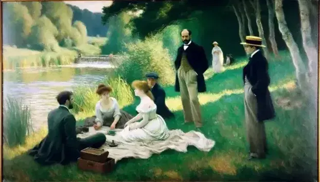 Dipinto 'Le Déjeuner sur l'herbe' di Édouard Manet con una donna nuda e due uomini vestiti seduti su un prato e una donna in piedi vicino all'acqua.