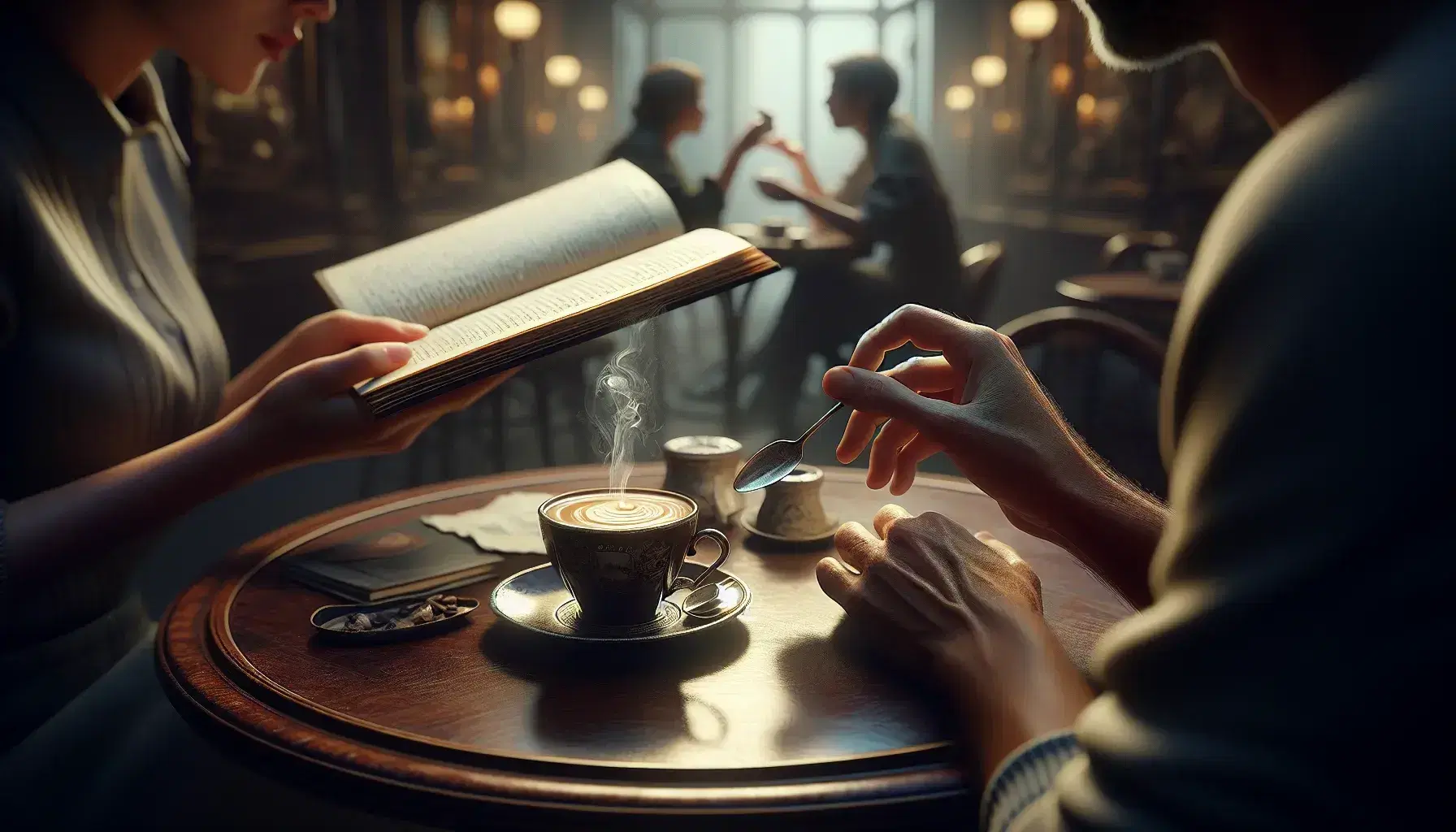 Close-up view of a polished wooden table with a steaming coffee cup in a cozy French café, where two patrons are deeply engaged in conversation.