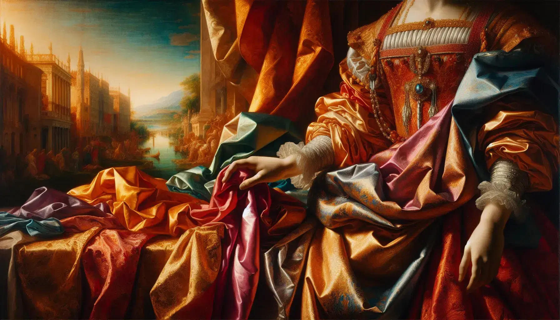 Dettaglio di dipinto rinascimentale veneziano con figura centrale in abiti d'epoca e sfondo sfumato che esalta la maestria nell'uso di colori caldi e luce.