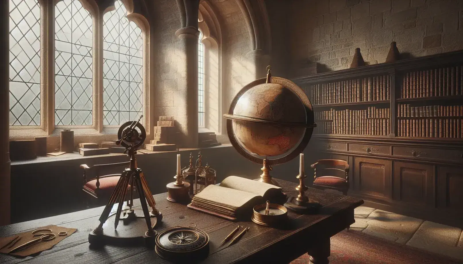 Estudio del siglo XVII con mesa de madera, globo terráqueo antiguo, compás, telescopio de latón y estantería con libros encuadernados en cuero.