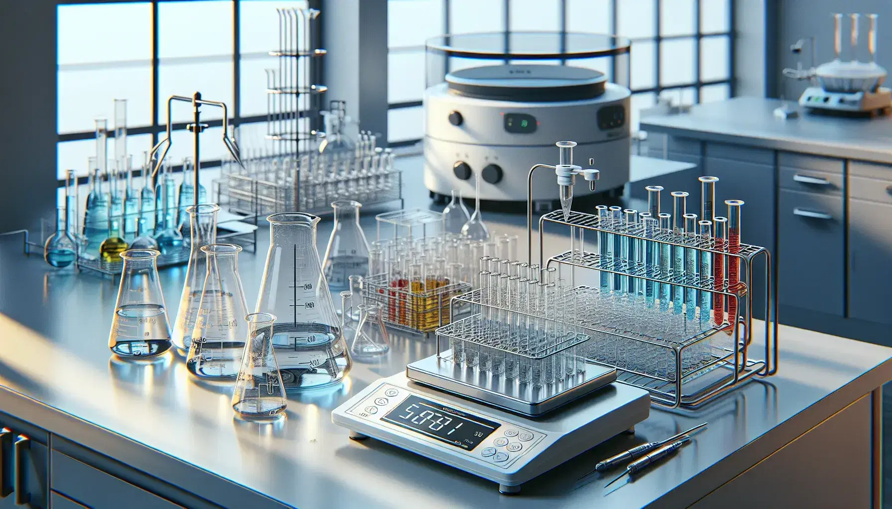Science laboratory with digital scale, pipette, test tubes in rack and colored liquids in beakers and bottles on white bench.