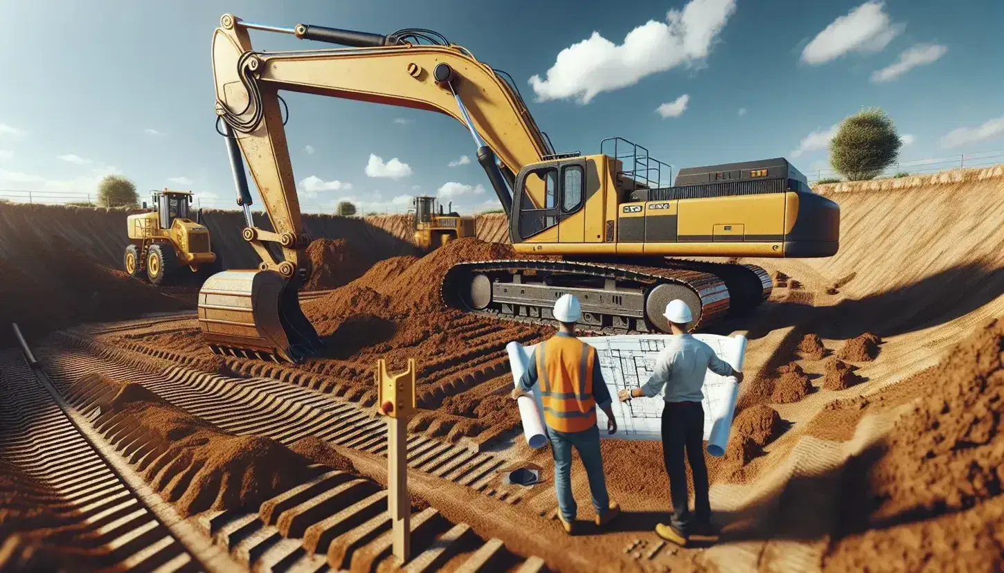 Excavadora amarilla trabajando en obra con obreros supervisando y planos en mano, bajo un cielo azul con nubes dispersas.