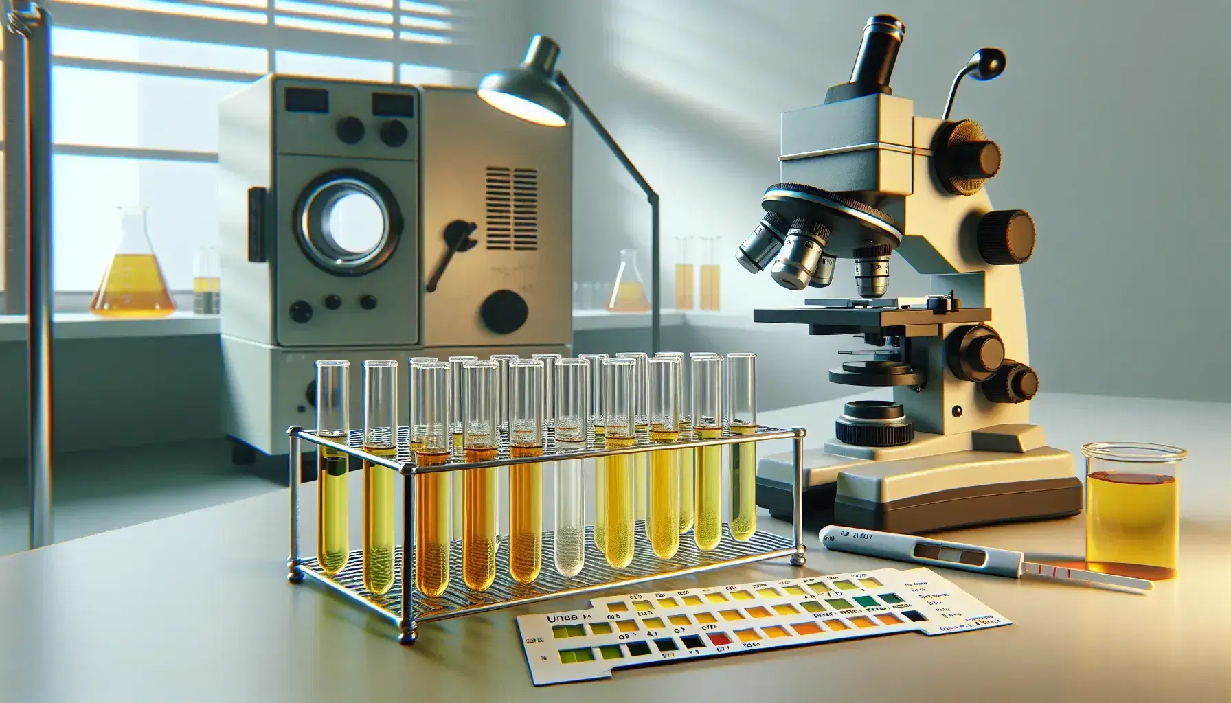 Laboratorio clínico con tubos de ensayo llenos de orina de distintas concentraciones, microscopio moderno y tira reactiva de análisis de orina junto a un centrífugo parcialmente visible.