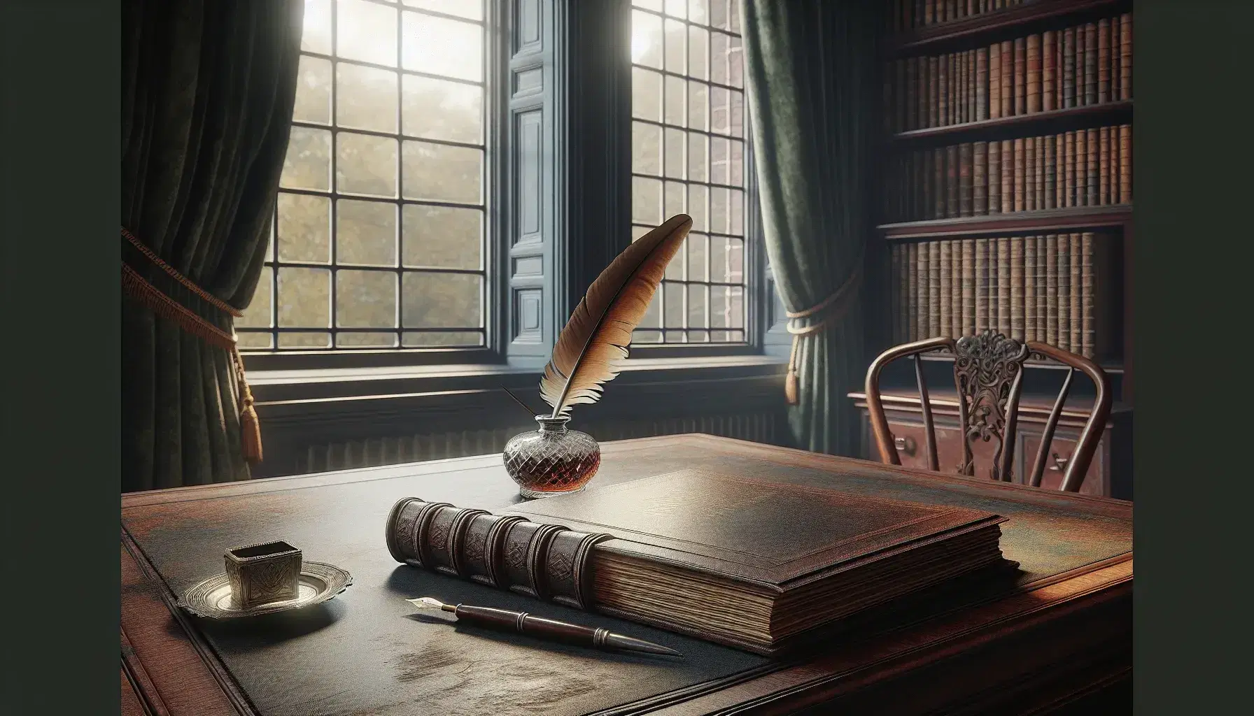 18th-century style study with mahogany desk, open book, quill in inkwell, and bookshelf filled with leather-bound books in a warmly lit room.