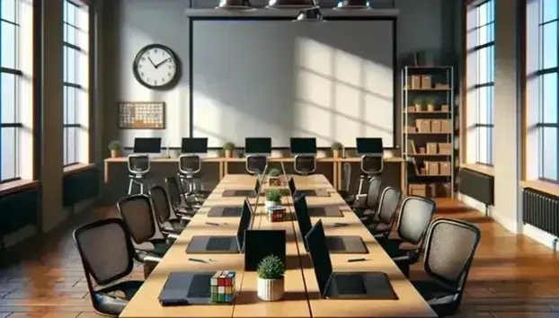 Aula informatica moderna con tavolo in legno, sedie ergonomiche nere, laptop spenti, lavagna bianca, pianta verde e cubo di Rubik.