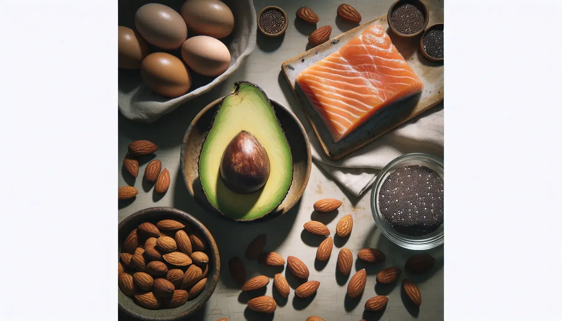 Variedad de alimentos saludables con aguacate cortado, almendras, filete de salmón, huevos y semillas de chía en superficie de madera clara.