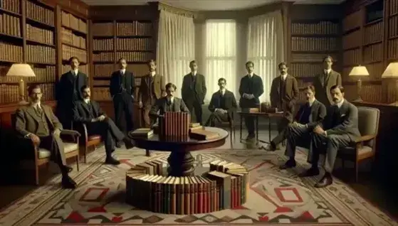Grupo de diez hombres con trajes de los años 20 y 30 posando en un salón clásico con libros sobre una mesa redonda y estantería al fondo.
