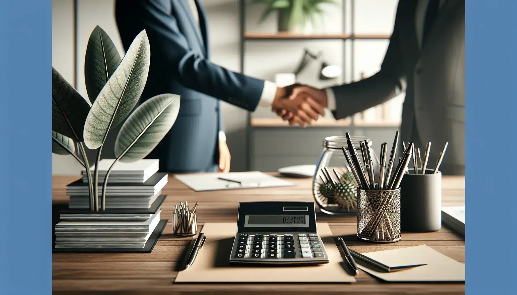Two professionals in business suits shaking hands behind a wooden desk with a calculator, papers, and a jar of pens, illuminated by soft office lighting.