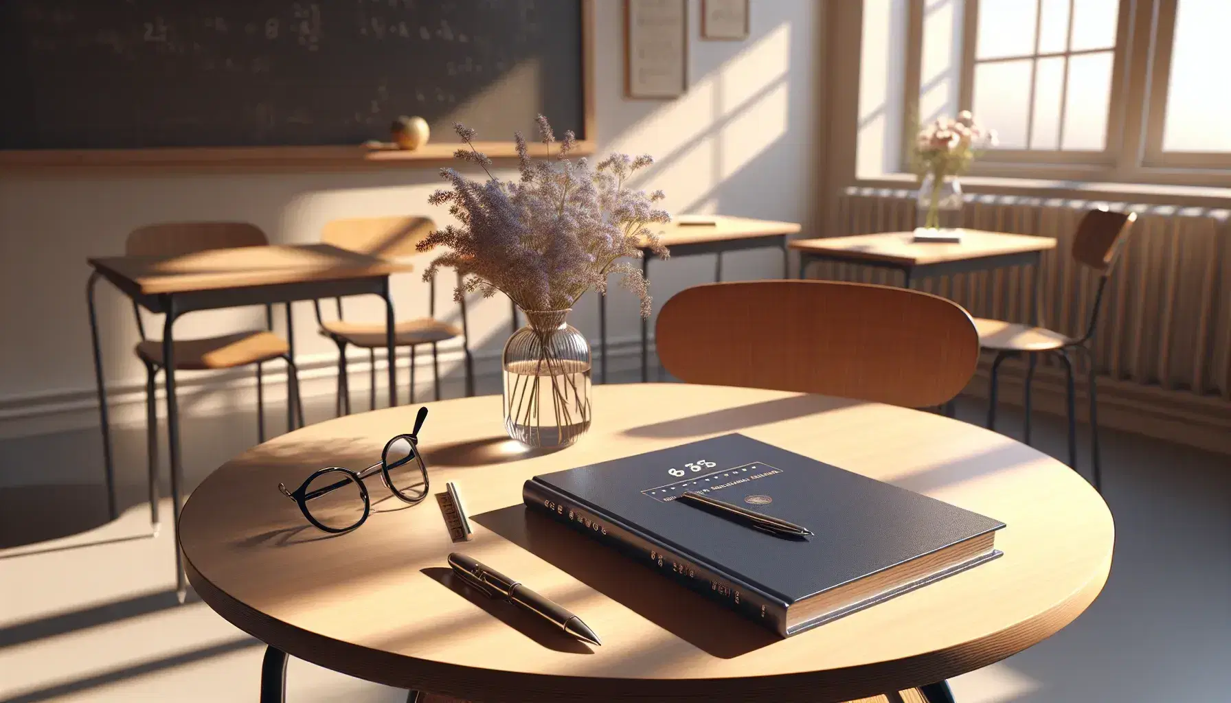 Peaceful classroom with a round table holding an open textbook, notebook, pen, and glasses, a vase of flowers on the sill, and a blank chalkboard.