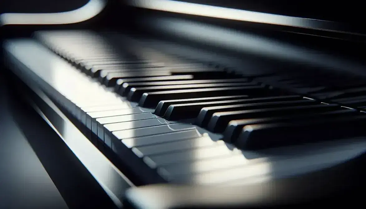 Close-up of keys of a black grand piano, with glossy white keys and matte black keys in repetitive pattern, soft lighting.