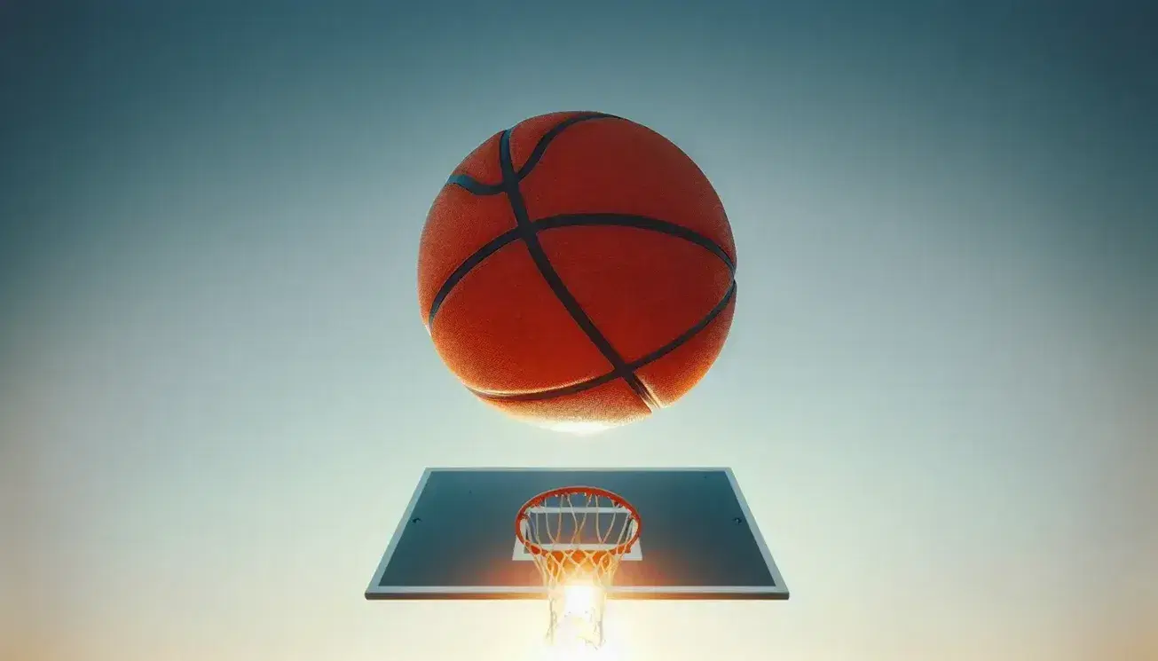 Pallone da basket arancione sospeso in aria al culmine della traiettoria su sfondo cielo azzurro chiaro senza nuvole, con riflesso del sole.