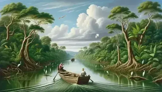 Vista panorámica del río Magdalena con vegetación exuberante, un bote con dos personas y aves acuáticas en un día parcialmente nublado.