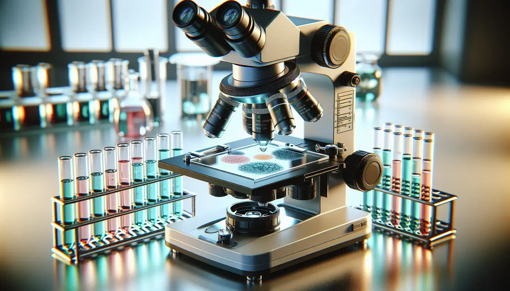 Microscopio óptico moderno enfocado en objetivos y portaobjetos con muestra biológica coloreada, junto a tubos de ensayo con tapas de colores en laboratorio.