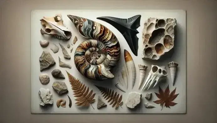 Colección de fósiles con ammonite espiralado, diente de tiburón serrado, fragmento óseo de vertebrado, hoja fósil y concha en superficie clara.