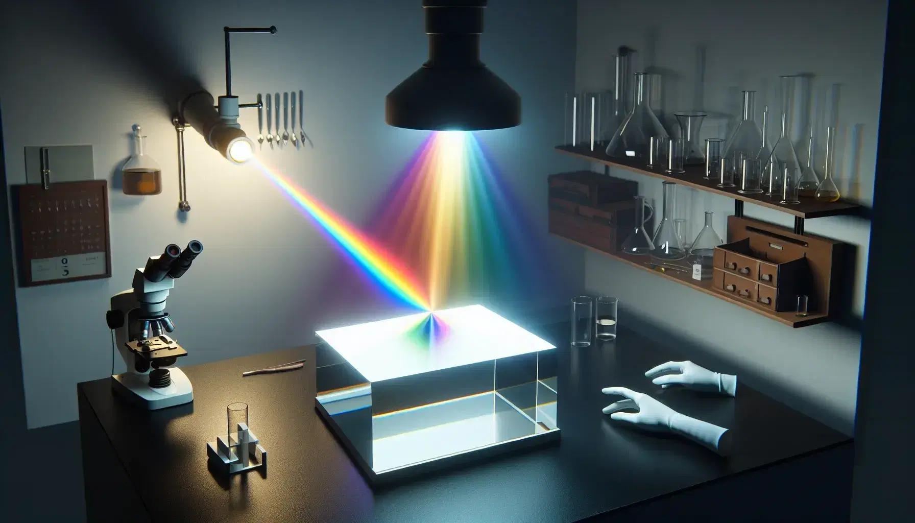 Laboratory prism dispersing white light into a color spectrum on a table, with optical instruments on a shelf and a gloved hand holding a slide.