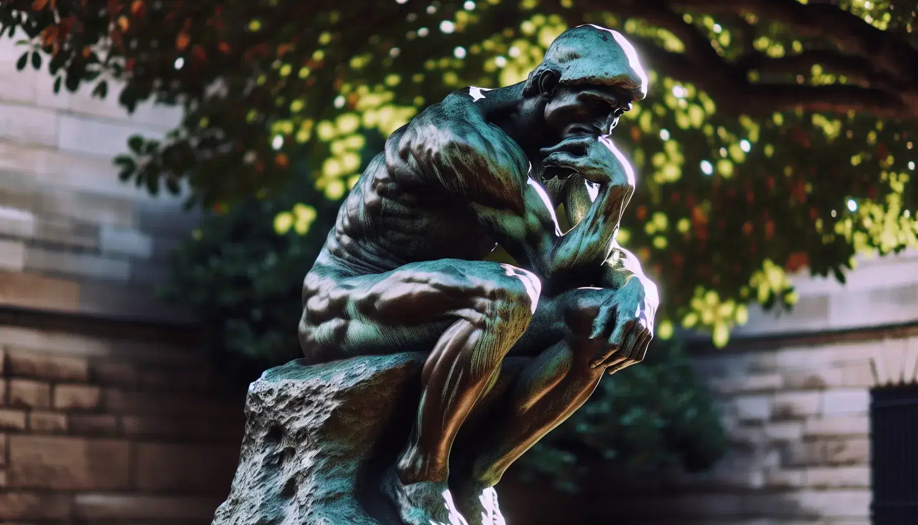 Estatua de bronce de hombre pensativo sentado en roca con mano en mejilla, rodeado de vegetación en parque, bajo luz natural que resalta su textura y expresión.