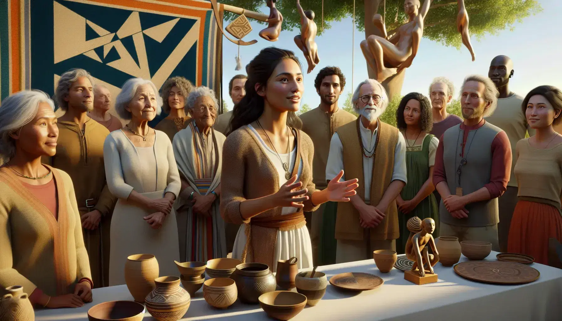 Multi-ethnic group listens to young Hispanic woman outdoors, with cultural artifacts such as tapestry and wood sculpture in the background.