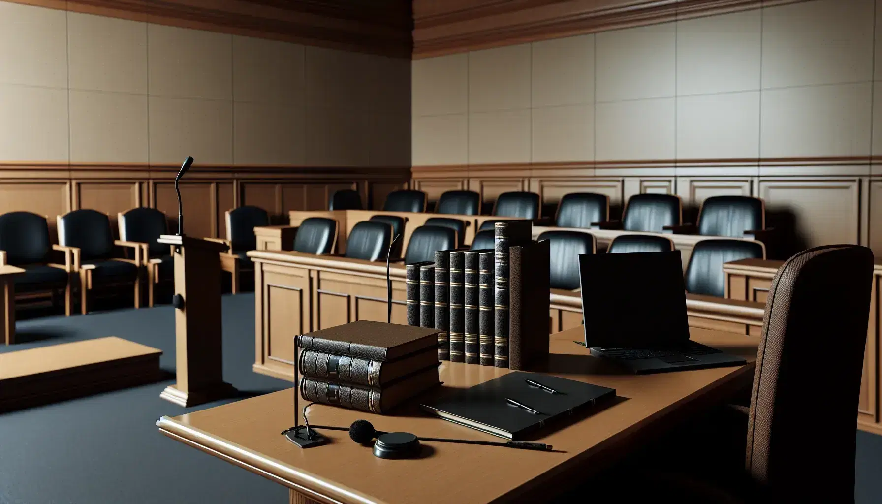 Empty courtroom with witness stand, lawyers desk with books and laptop, public benches and judge bench, soft lighting.