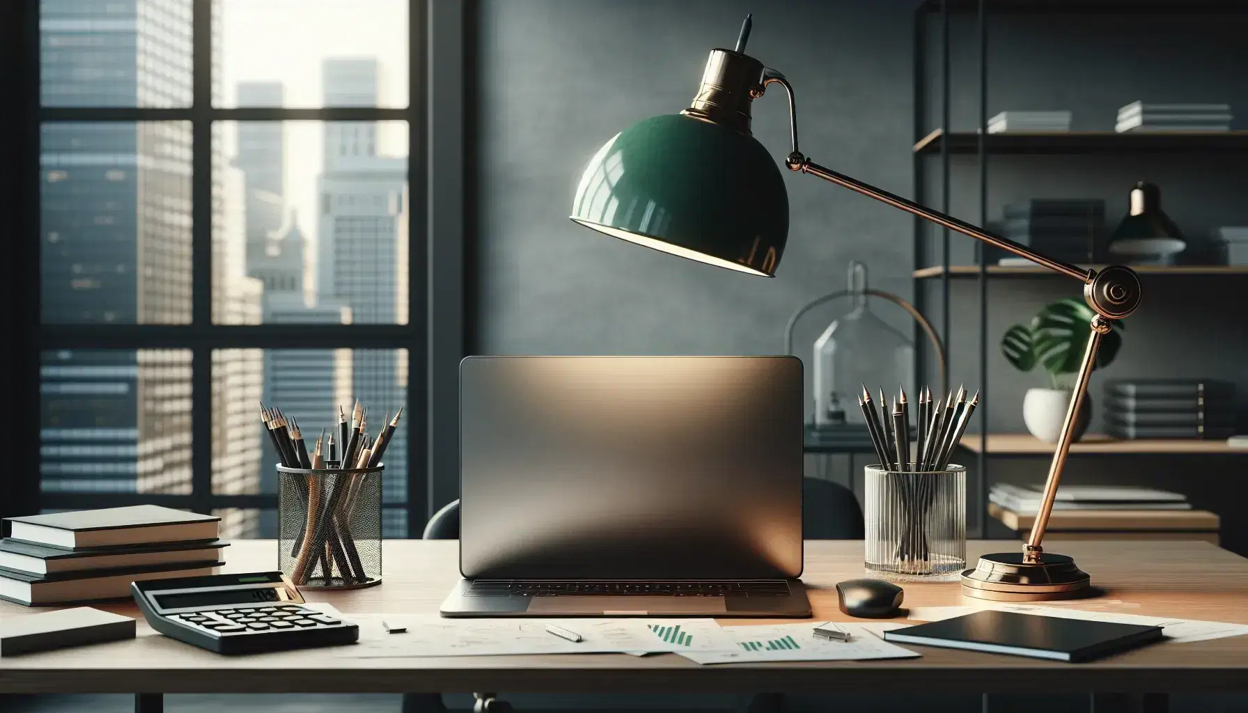 Modern office setup with a wooden desk featuring a silver laptop, green banker's lamp, calculator, and a potted plant, overlooking a blurred cityscape.